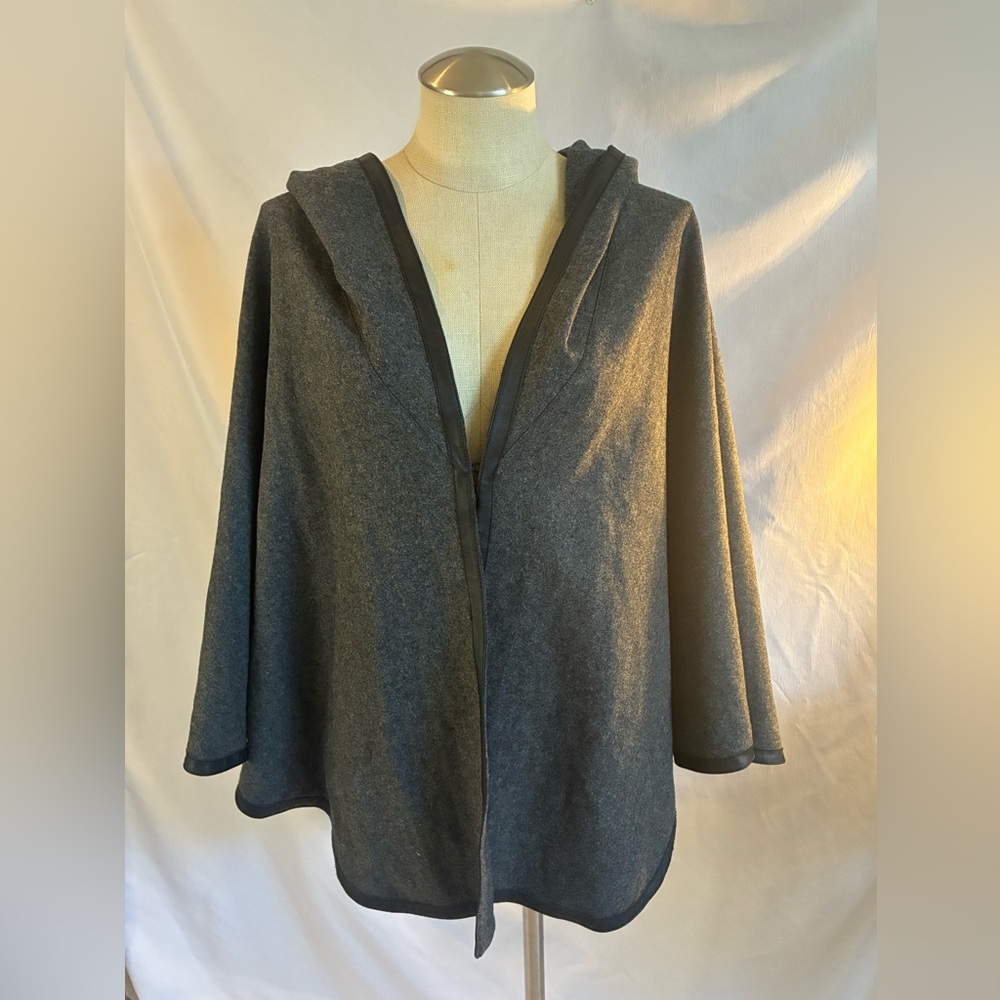 Vintage Willi Smith charcoal gray wool cape with hoodie black faux leather trim